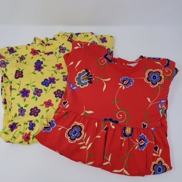 HANNA ANDERSSON TWO COTTON PLAY DRESSES RED YELLOW FLORAL GIRLS SIZE 100 US 4 - Picture 1 of 14